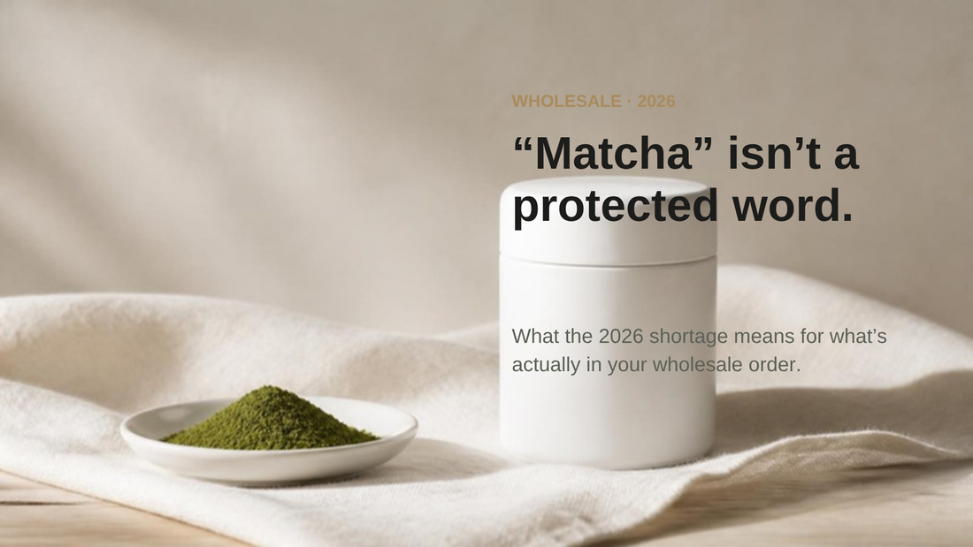 White sealed tin and a dish of Japanese matcha powder on linen, with the headline Matcha isn't a protected word