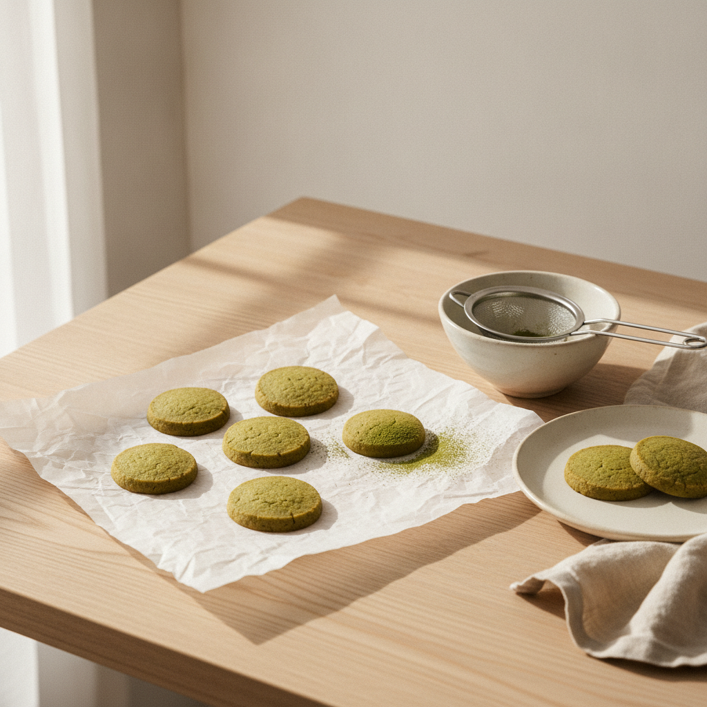 Matcha butter cookies on parchment paper with a tea strainer and sifted matcha powder on a wooden table